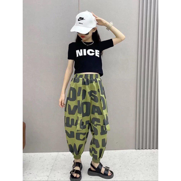 Bộ gái áo chữ NICE quần dài lính nhí