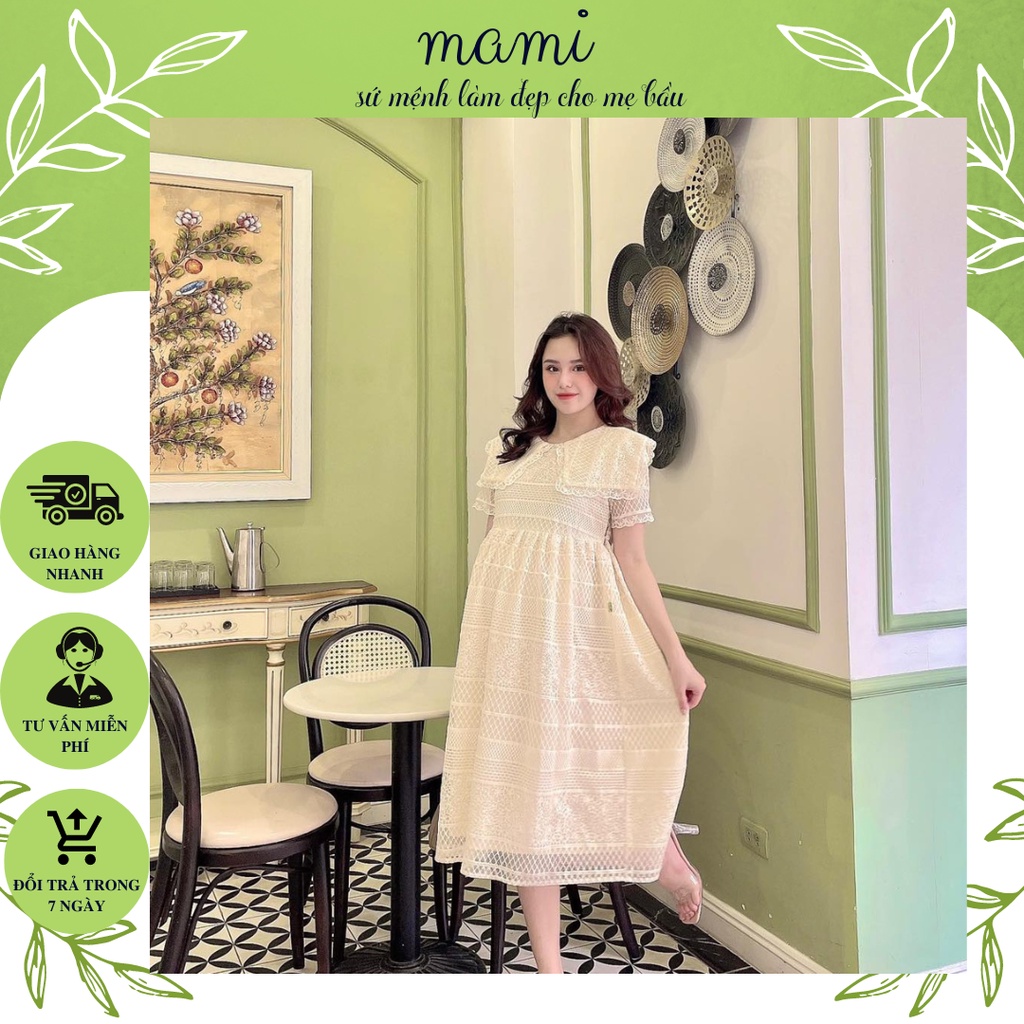 Váy, đầm bầu dáng chữ A thiết kế cao cấp Mami, cổ bèo chất liệu ren, lớp trong lót lụa mềm mại phù hợp đi chơi, dự tiệc