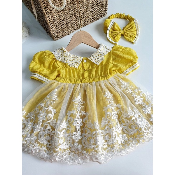 Váy Lolita Màu Xanh Cốm Cho Bé Gái 3 Đến 17kg Chất Đũi Xốp Nhún Phối Ren