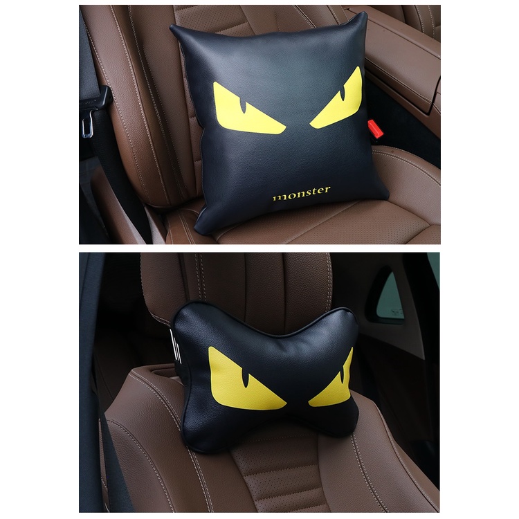 Gối Tựa Đầu, Tựa Lưng Họa Tiết Đôi Mắt Monster Kèm Dây Đai An Toàn Trên Ô Tô Chất Liệu Da Cao Cấp