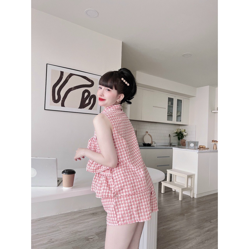 [11.11 Sale Freeship] Set bộ tiểu thư nữ,set đũi xốp áo cổ bẻ tầng mix quần sooc đùi kẻ caro đi chơi dạo phố dễ thương