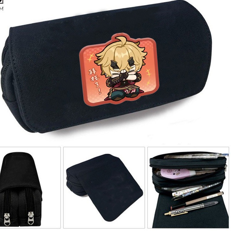 Hộp bút vải canvas khóa trắng in hình GENSHIN IMPACT ver CHỮ NHẬT CHIBI đi học tiện lợi game anime chibi