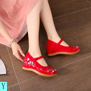  Giày Vải Đế Xuồng Tăng Chiều Cao 5cm Thêu Họa Tiết Phong Cách Dân Tộc Bắc Kinh Cổ Điển Mới Cho Nữ 