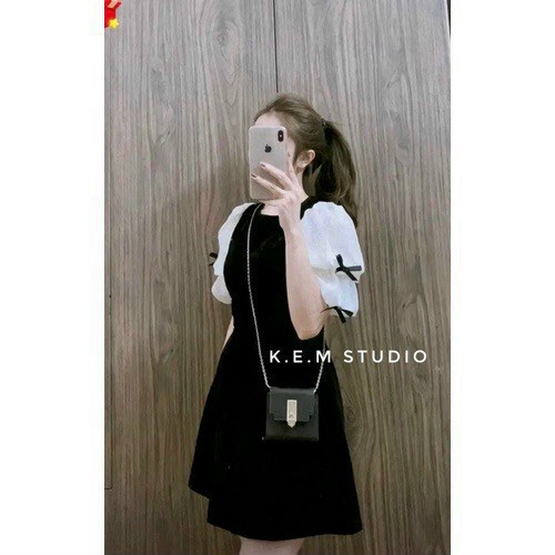 Váy Nhung Cộc Tay Bồng Dáng Xuông Nhẹ Nhàng Phối Tay Voan Đính Nơ .Shyncloset TMTB122