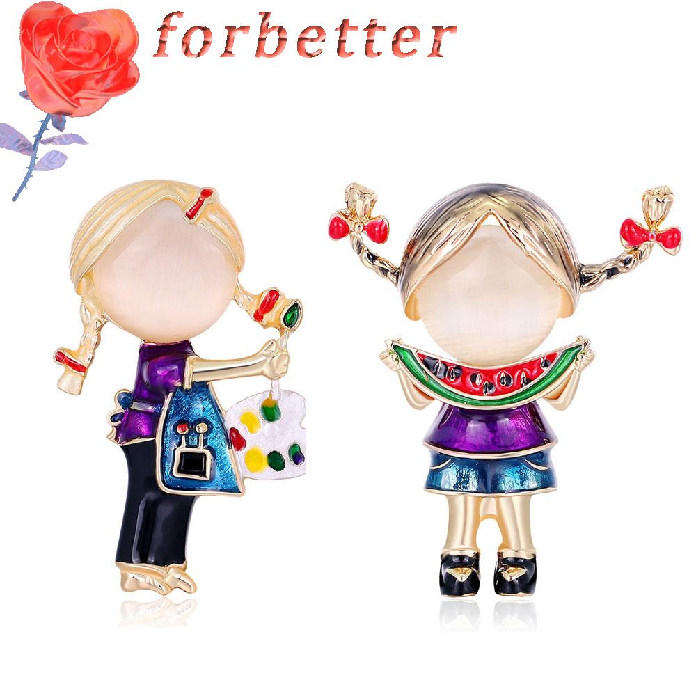 FORBETTER Women Brooch Pin Opal Collar Accessories Fashion Jewelry Gift Small Enamel Fashion Painting Girl Watermelon Girl Suit Scarf Clip
