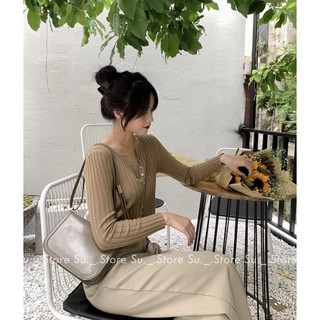 Áo len gân dài tay khuy dọc Basic hàng QC