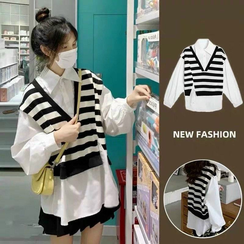Áo sơ mi trắng dài tay phối gile kẻ sọc đen may liền form rộng oversize, Áo kiểu Sơ mi nữ dáng rộng kèm gile kẻ