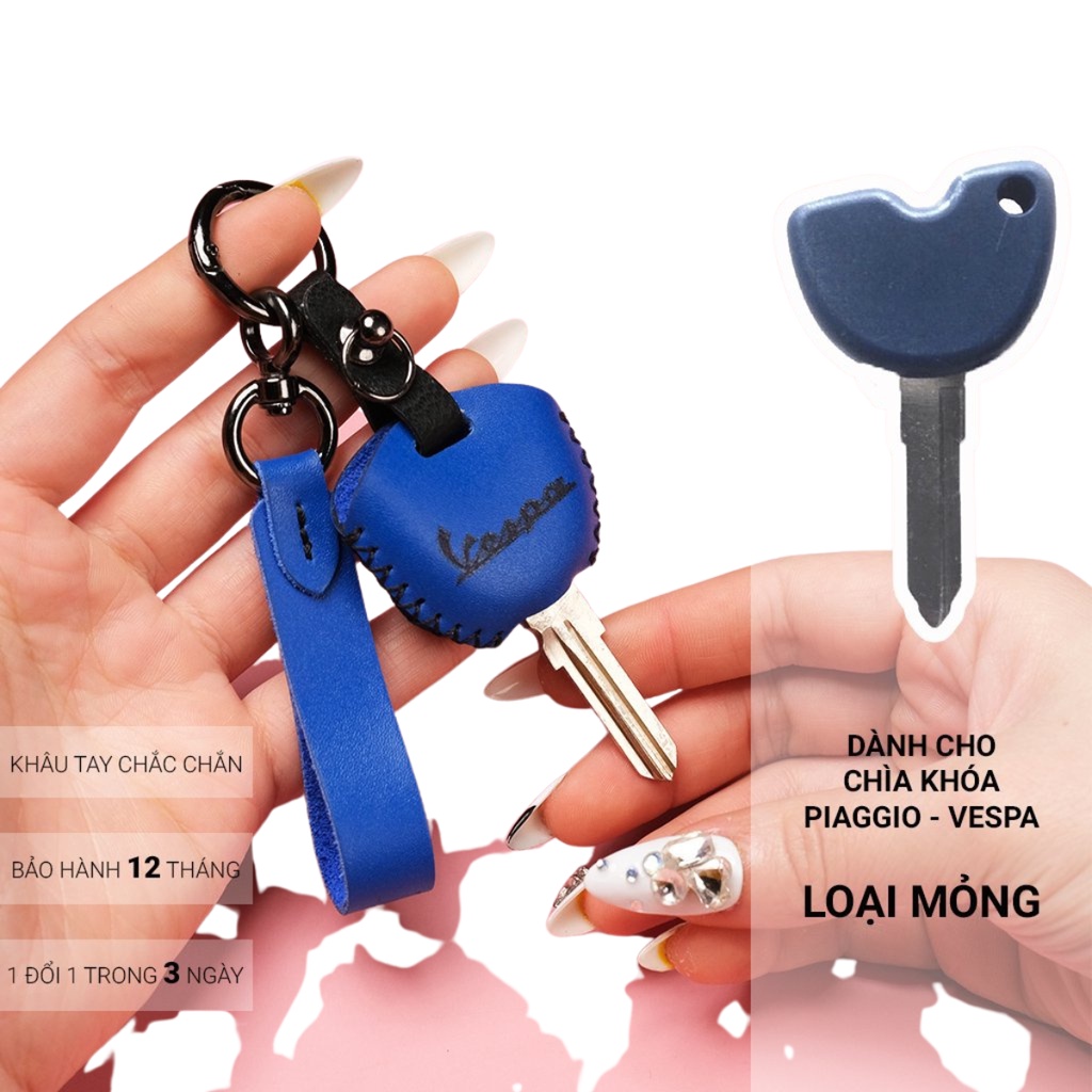 Bao da bảo vệ chìa khóa Piagio Vespa khâu tay thủ công, móc A hiện đại