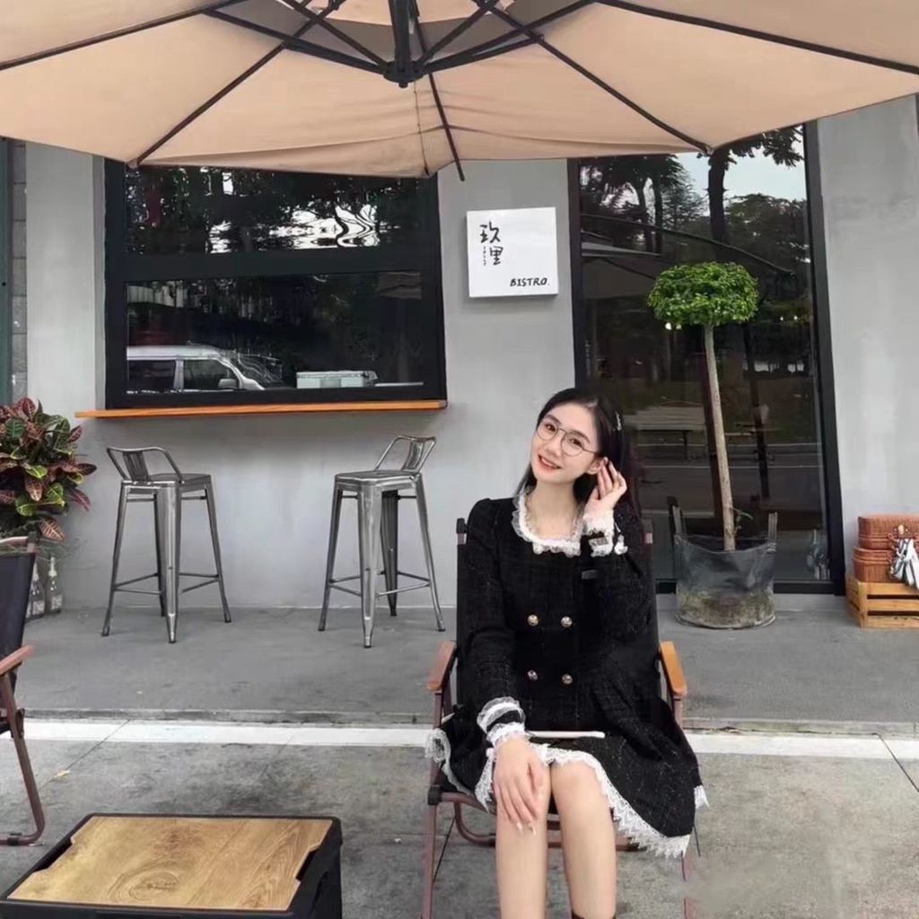 Xiaoxiang Đầm Ngắn Mùa Thu Hai Hàng Nút Cài Tay Dài Phối Màu Tương Phản Phong Cách Mới Cho Nữ