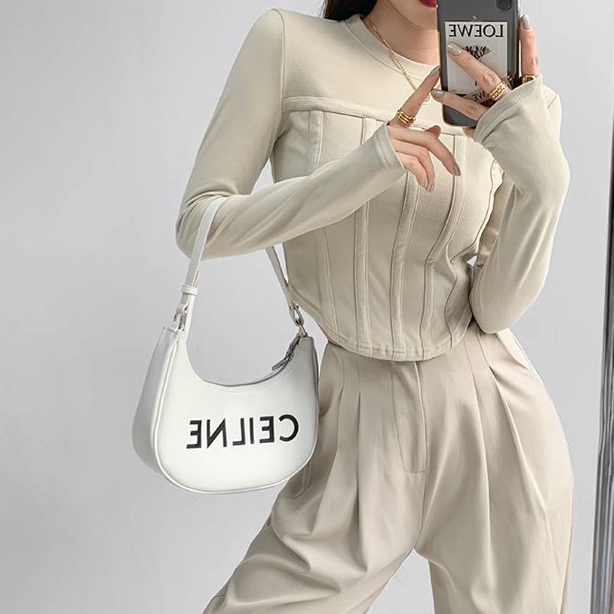 Áo kiểu SUXI tay dài cổ tròn màu trơn dáng ôm thời trang mùa thu dành cho nữ