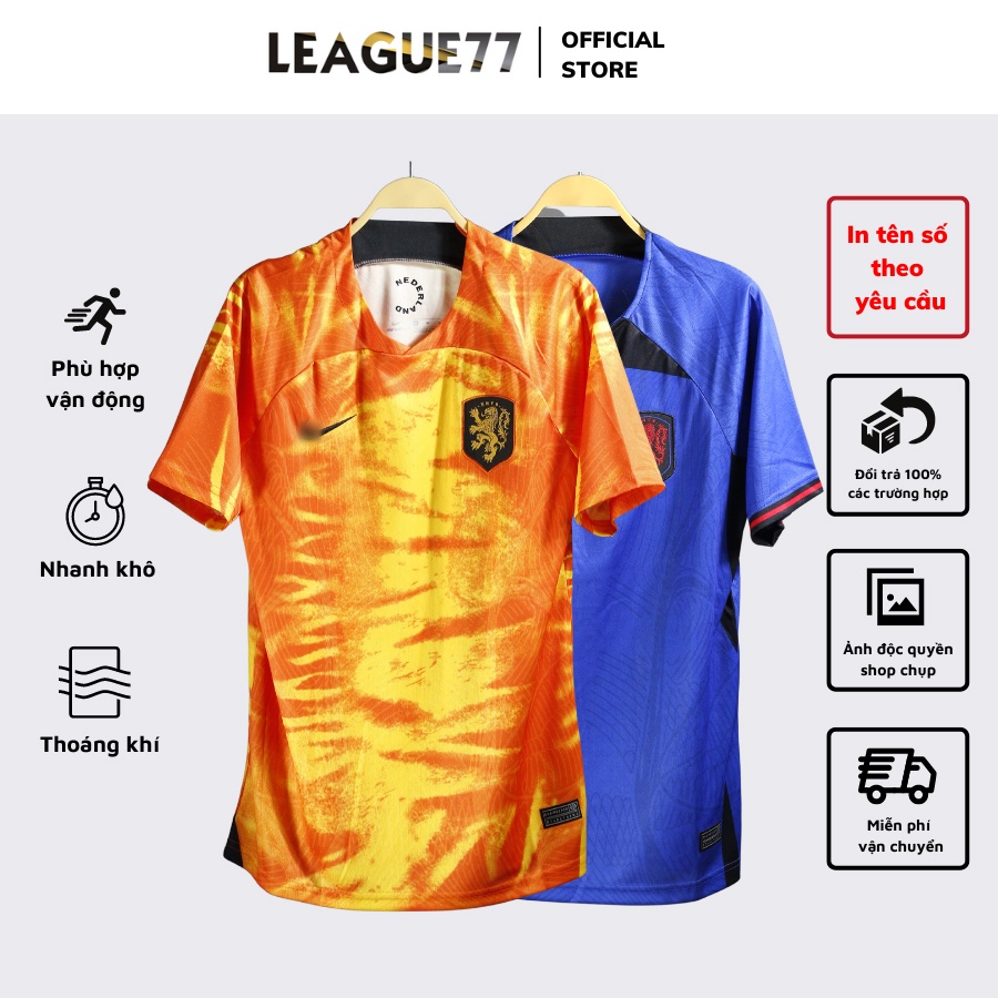 Áo đội tuyển Hà Lan leaguestore 22/23 - bộ quần áo đá bóng ngắn tay màu cam, màu xanh than form âu vải dệt mịn