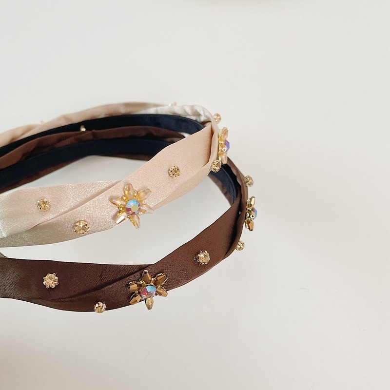 Băng đô Hàn Quốc Vải Satin Đính Hoa Đá Màu Vintage Thu Đông