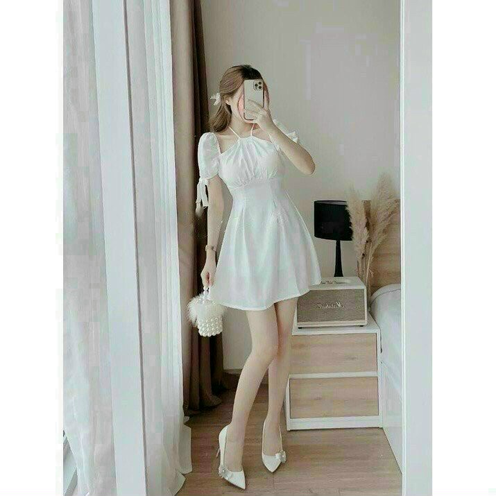 Đầm xòe cổ yếm tay cột nơ chất lụa nhung cao cấp đi tiệc,dạo phố,Noel,Tết siêu xinh