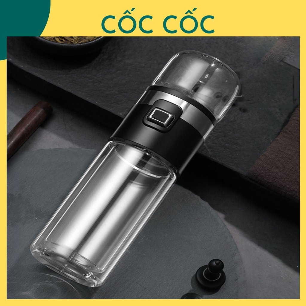 Bình pha trà thủy tinh 2 lớp Cốc Cốc 500ml, có nút bẩm tắt mở, lõi lọc trà, tiện lợi mang đi học đi làm dùng hàng ngày