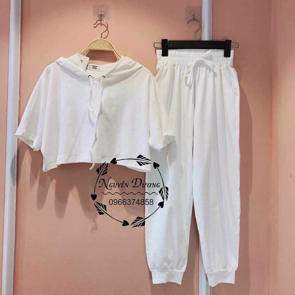 (Sale FreeShip) Sét bộ thể thao nữ,bộ thun da cá from croptop tay ngắn có nón,quần ống bo có túi