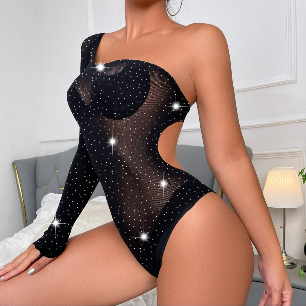 Bộ Đồ Bơi Lưới Liền Thân Tay Dài Xuyên Thấu Đính Đá Lấp Lánh Màu Đen Quyến Rũ Cho Nữ