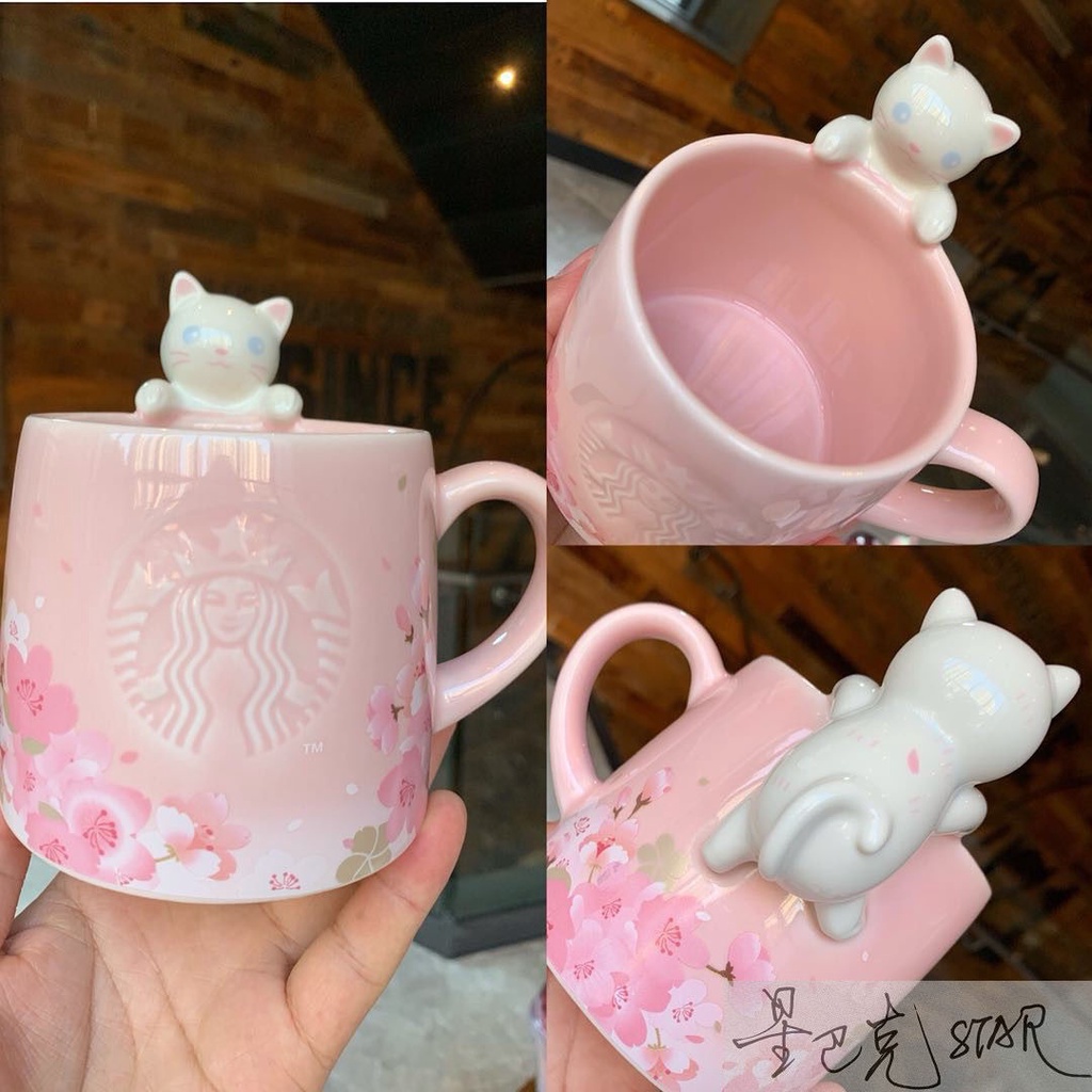 Cốc nước. Cốc Uống Cà Phê Starbucks Bằng Sứ Họa Tiết Hoa Anh Đào Và Mèo Dễ Thương