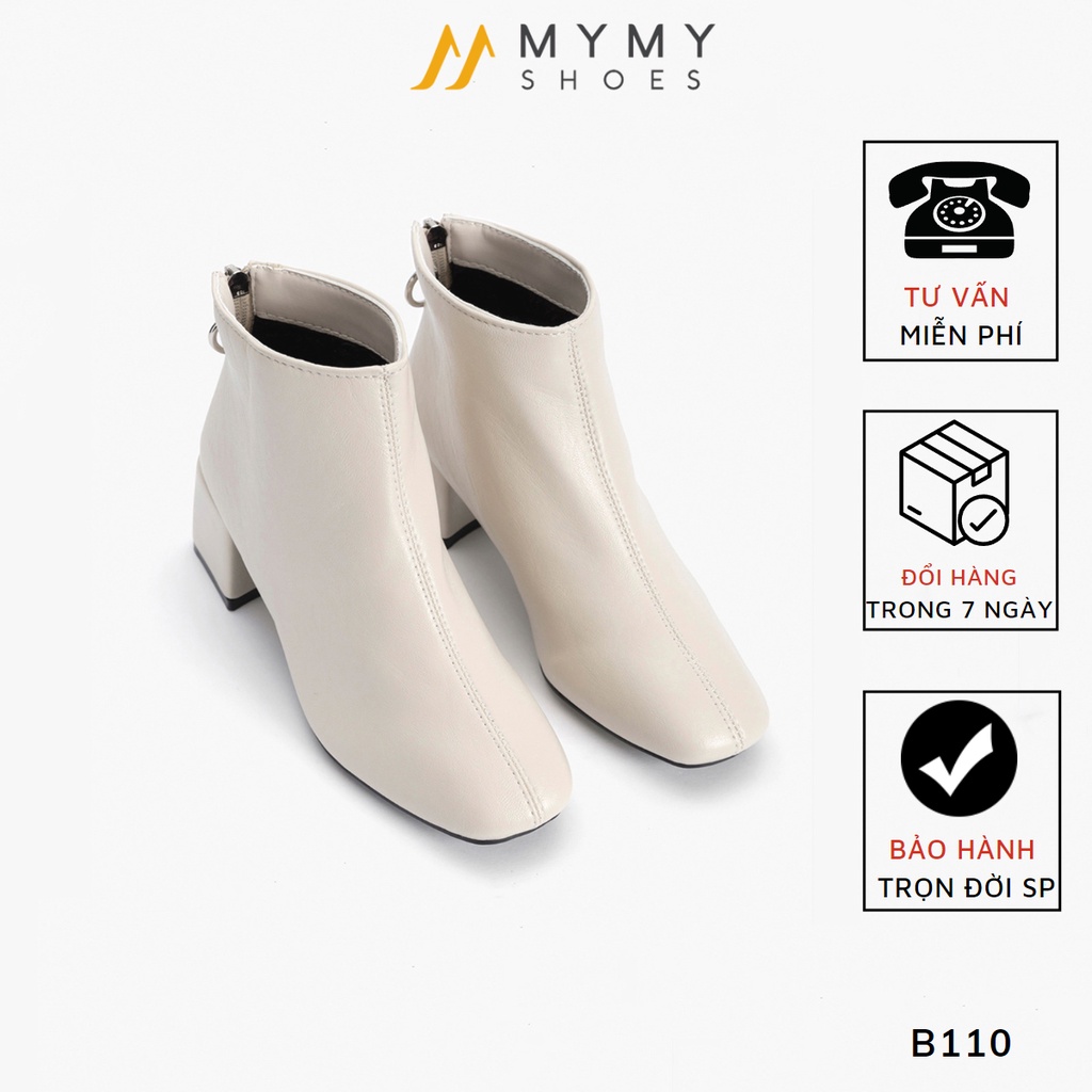 Giày Boot Nữ Cổ Lửng My My Shoes Da Lì Mũi Vuông Khóa Sau Gót Vuông 5p (B110)