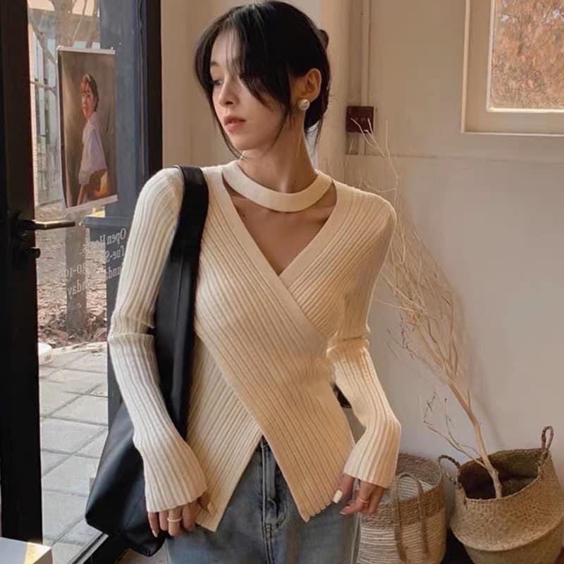 ÁO LEN VẠT CHÉO DÂY CỔ CHOKER SIÊU XINH