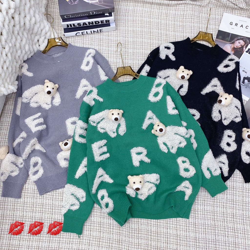 Áo len sweater chữ xù nổi đính gấu rời AL85