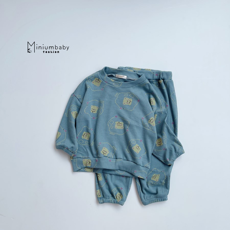 Bộ đồ dài tay quần dài thu đông thêu gấu cho bé gái/trai chất liệu cotton len tổ ong, miniumbabyfashion SB1105