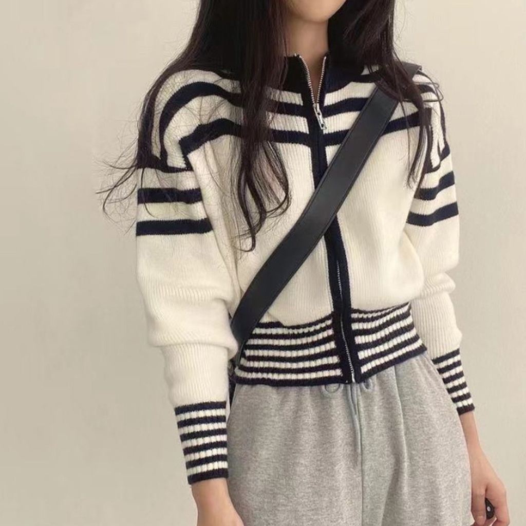 Áo cardigan dệt kim SUXI tay dài cổ đứng có khóa kéo phong cách Hàn Quốc thời trang mùa thu cho nữ