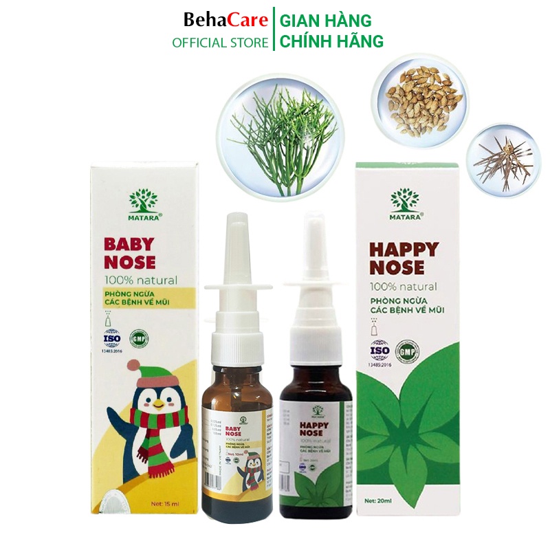 Combo gia đình - 01 cặp lọt xịt mũi Matara Happy Nose 20lm và Baby Nose 15ml bảo vệ, chăm sóc sức khỏe cho cả gia đình