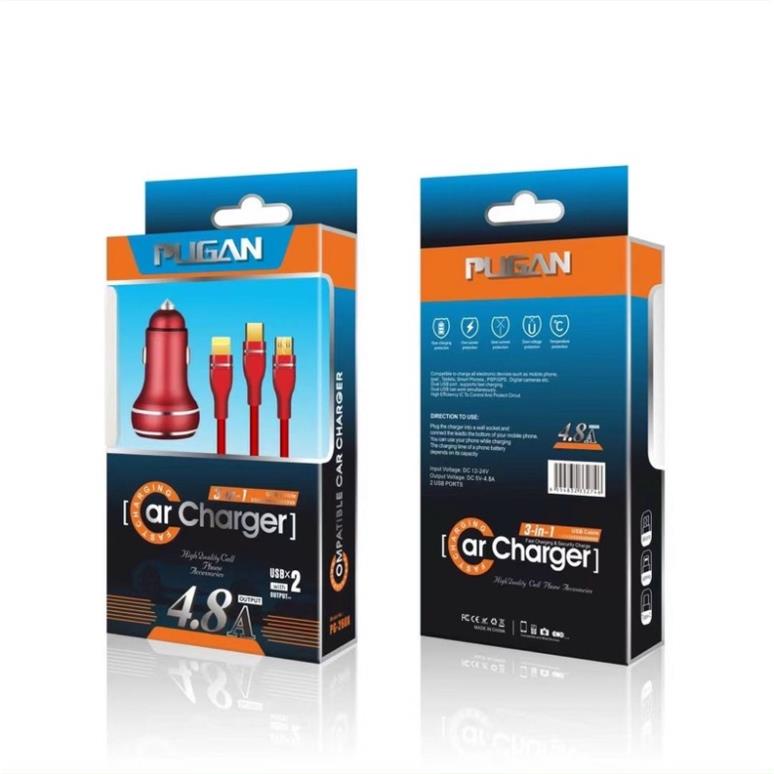 Tẩu sạc nhanh kèm dây cáp 3 đầu Ô tô chính hãng Pugan với 2 chức năng sạc thông minh và sạc siêu tốc 4.8A