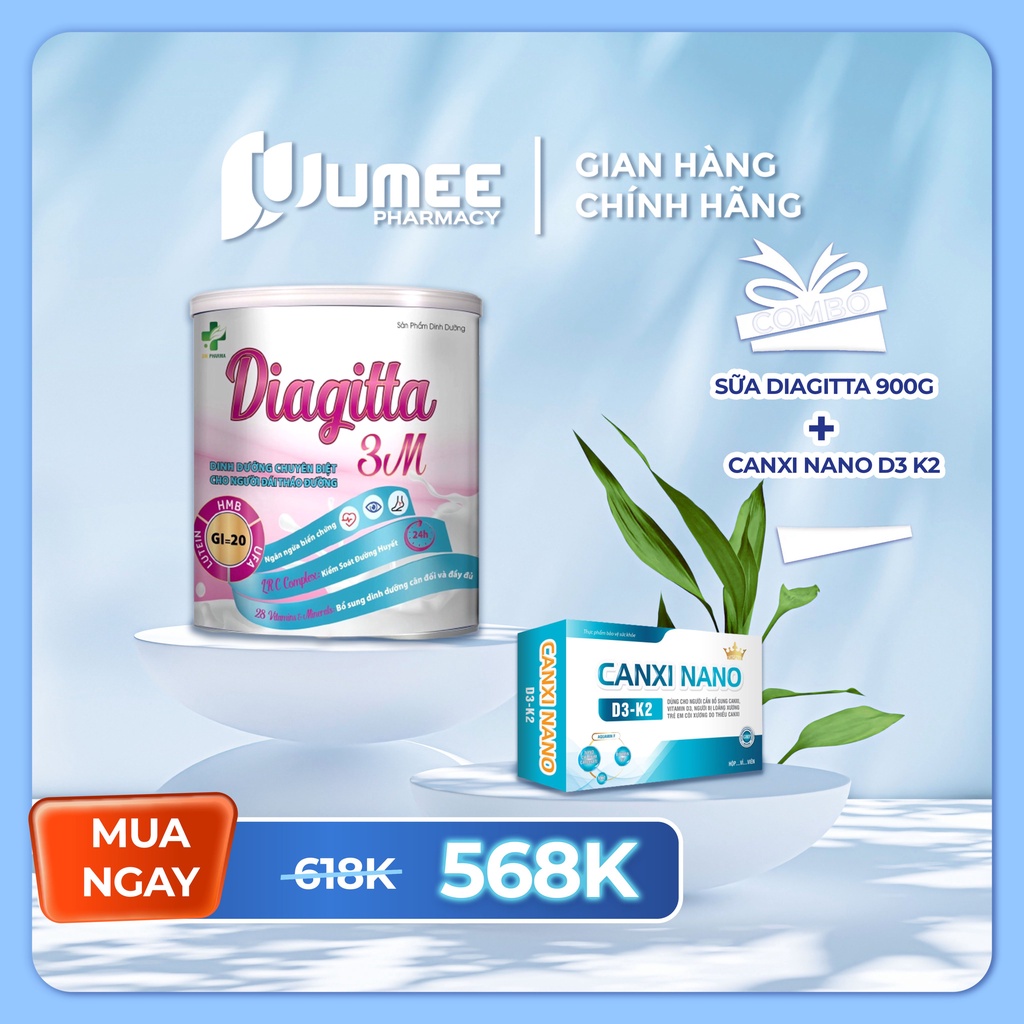 [Combo dành cho người tiểu đường] Sữa bột Diagitta (900g) và Canxi nano D3 K2 (30 viên)