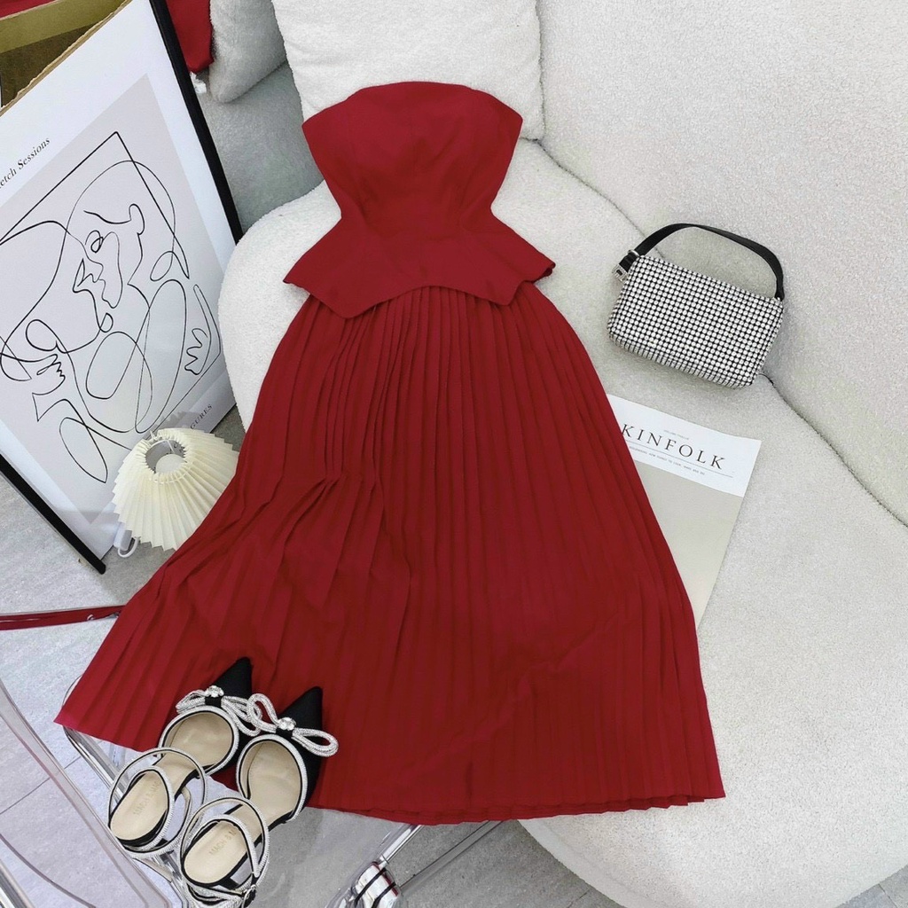 Set áo ống đỏ cúp ngực kem chân váy midi dập ly dáng xòe dự tiệc cưới đi chơi Noel chúc Tết xuân 2023 lê thị thương shop