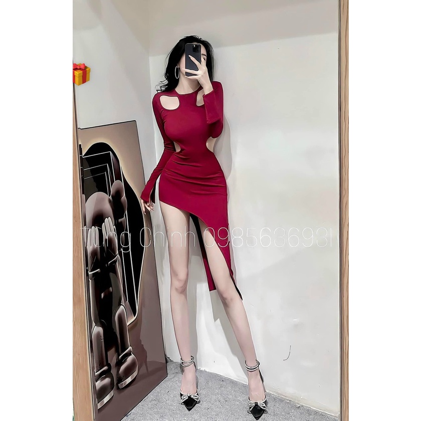 Đầm tay dài khoét 2 bên vai ôm body hở eo ra lưng xéo tà sexy , chất thun gân mềm mịn