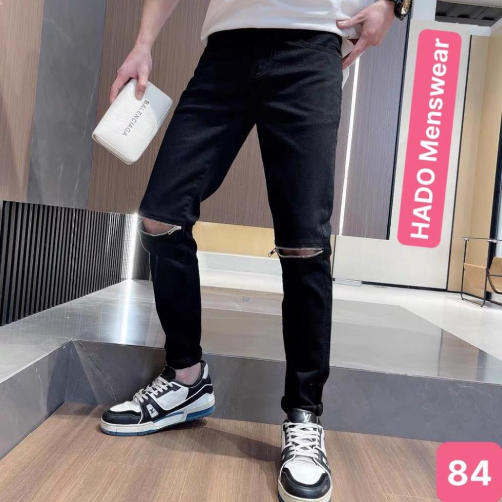 Quần jean nam rách gối kéo khóa màu đen trơn chất jeans bò cao cấp co dãn 4 chiều rin form dáng skinny Hado1 mẫu mới ! i