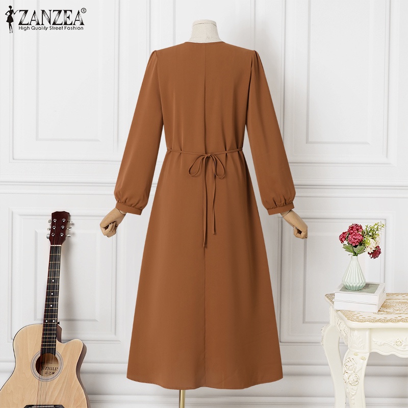 Đầm maxi ZANZEA tay dài cổ chữ V có dây rút thời trang xinh xắn cho nữ