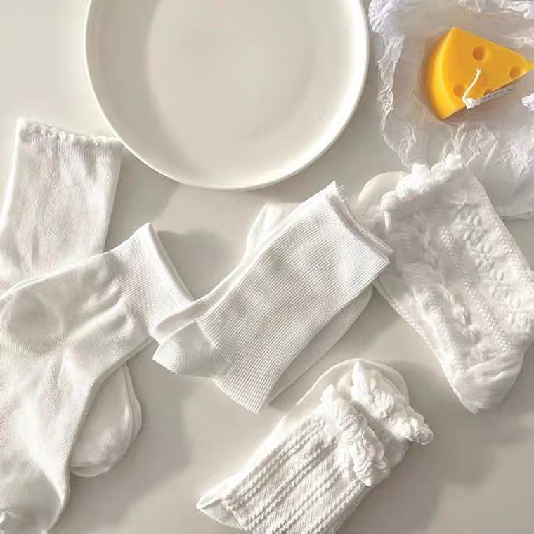 Tất cổ cao nữ trắng vải cotton co giãn phong cách vintage, vớ nữ cổ cao Hàn Quốc M08
