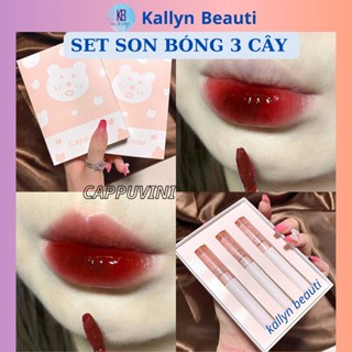  Son kem bóng Cappuvini gấu hồng dưỡng ẩm set 3 cây siêu lì Gloss Lip Kallyn Beauti 