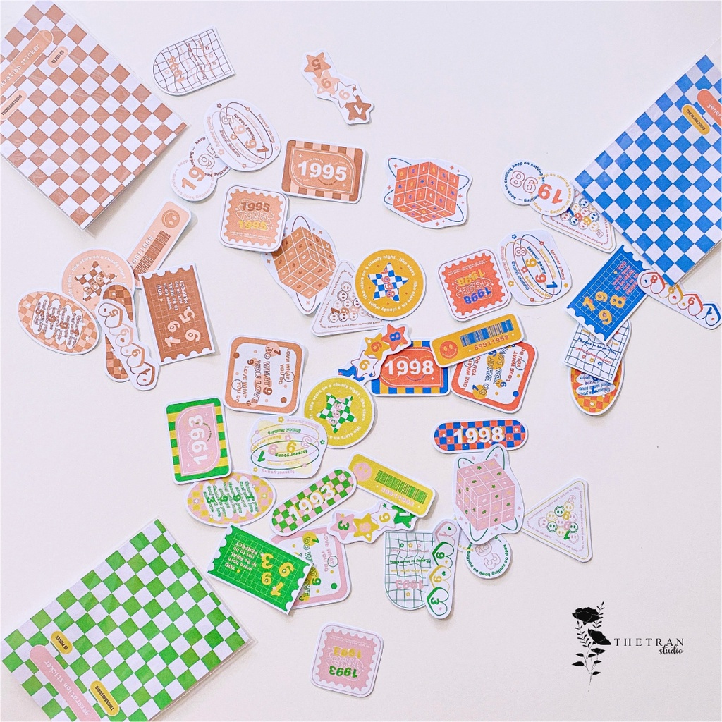Bộ 15 sticker cute họa tiết bàn cờ caro ô vuông năm sinh / generation sticker pack / thetranstudio