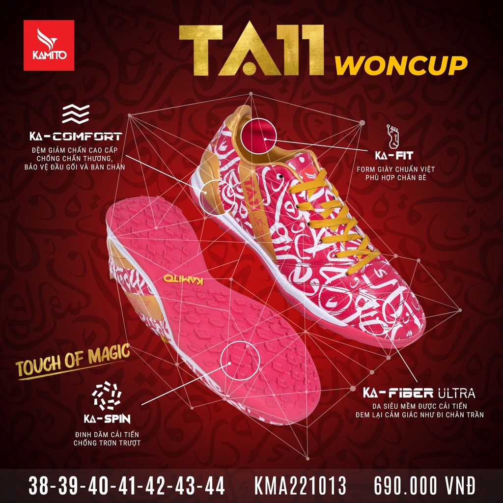 Giày đá bóng Kamito TA11 Woncup TF - Đỏ Đô Trắng