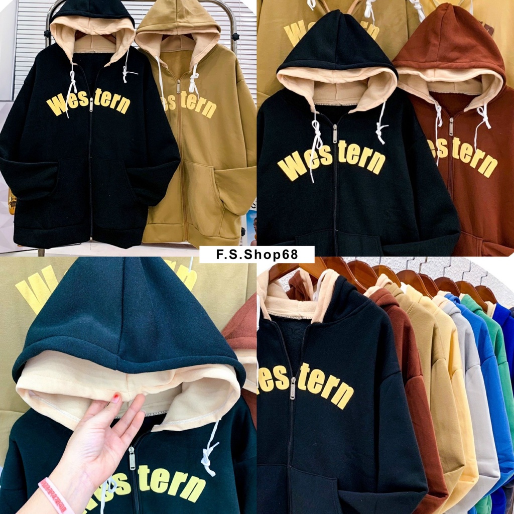 Áo Khoác Nỉ Hoodie Zip WES TERN Form Rộng Nam Nữ Unisex có 2 mũ nón rộng in chữ Họa tiết Nhiều Màu 2022