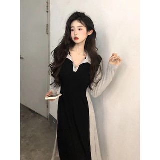 Đen Hợp Thời Trang Cổ Chữ v Dài Hàn Quốc cocktail Trang Bị Tiệc Thu Chủ Nhật Váy Thường Ngày Cho Nữ Tay Dài vintage Thanh Lịch Đầm