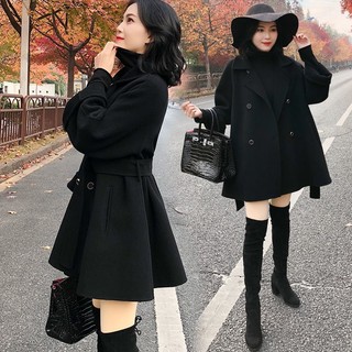 Áo khoác len màu đen dáng dài phong cách hepburn hàn quốc thời trang xuân thu cho nữ