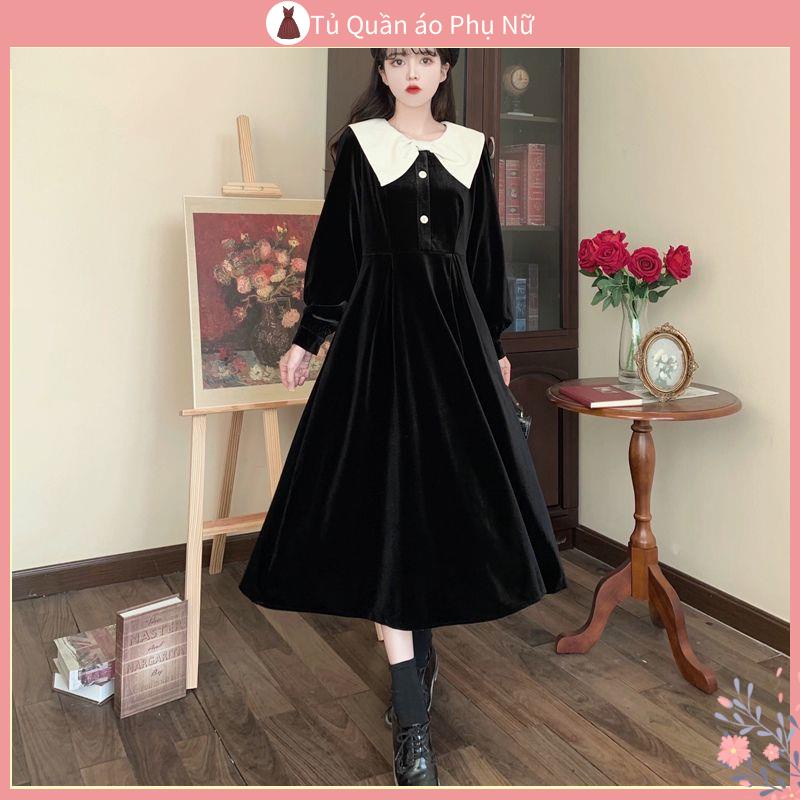 Va 'y Đầm Nhung Đen Đính Nơ Phong Cách Pháp Ngọt Ngào Thời Trang Thu Đông Size N m Plus Size Phù Hợp Với Tuổi Teen