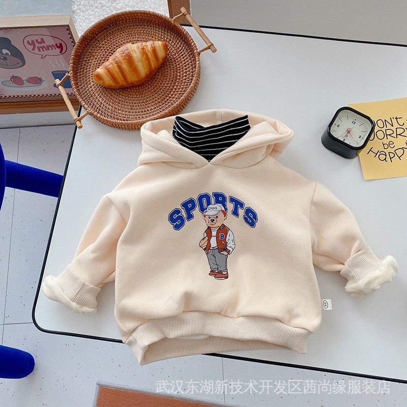Áo Hoodie Giả Hai Lớp Lót Lông Cừu Phong Cách Hàn Quốc Thời Trang Mùa Đông Cho Bé Trai Và Gái Pu