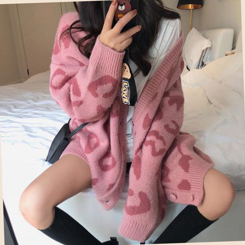 Áo len nữ cadigan họa tiết báo phong cách Hàn Quốc freesize dưới 63kg