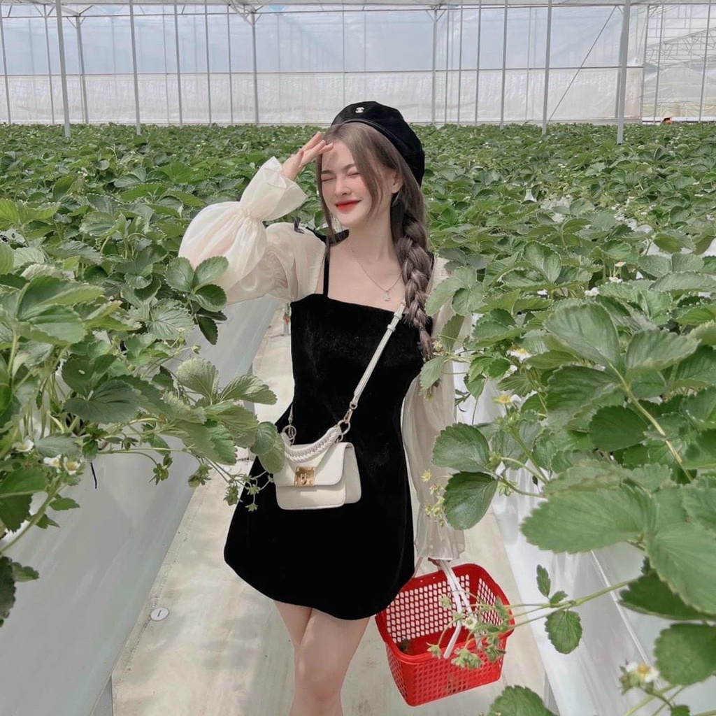 [11.11 Sale Freeship] Đầm nhung tay dài bồng dáng xuông nhẹ nhàng phối tay voan đính nơ dáng chữ A thanh lịch dx