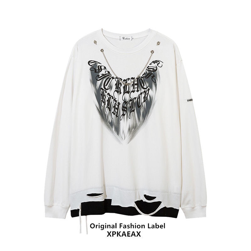 Áo Sweater Tay Dài Thiết Kế Rách Phối Dây Xích Phong Cách Hip Hop Âu Mỹ Cá Tính Cho Nam