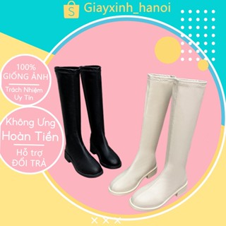 Bốt nữ cổ cao chất da mềm đé 3p , Bốt đùi nữ ôm chân hai màu kem đen thời trang thu đông