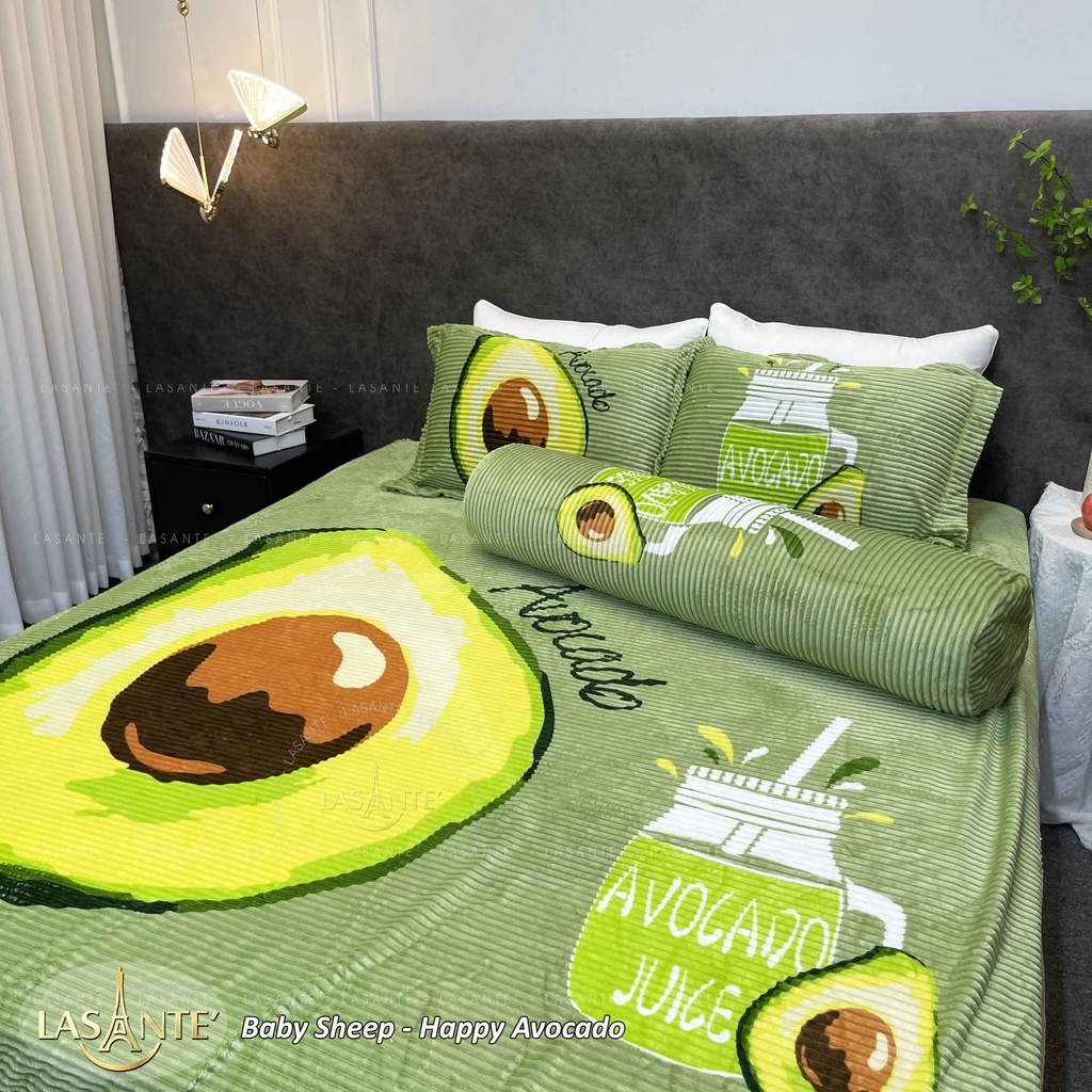 Bộ chăn ga gối lông cừu cao cấp Pháp LASANTE' Baby Sheep Avocado quả bơ xanh dày dặn chăn 2m x 2m3 3 lớp siêu ấm