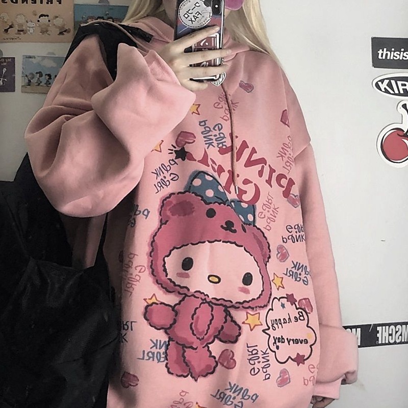 Áo Hoodie Lông Dày Dáng Rộng Dài 67cm - 75cm In Họa Tiết Hoạt Hình Phong Cách Hàn Quốc Thời Trang Mùa Đông Cho Nữ