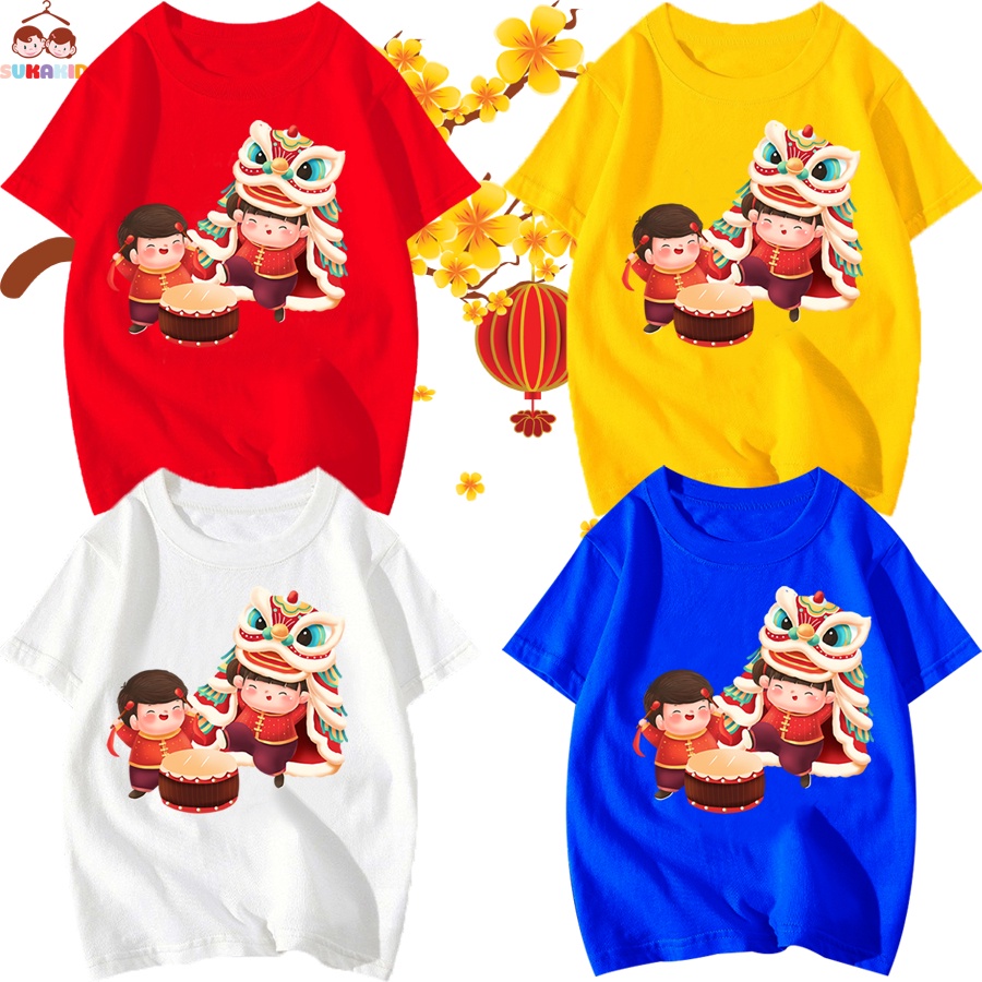 Áo thun trẻ em tết 2 bé múa lân trống cho bé từ 6kg-30kg.AT10.