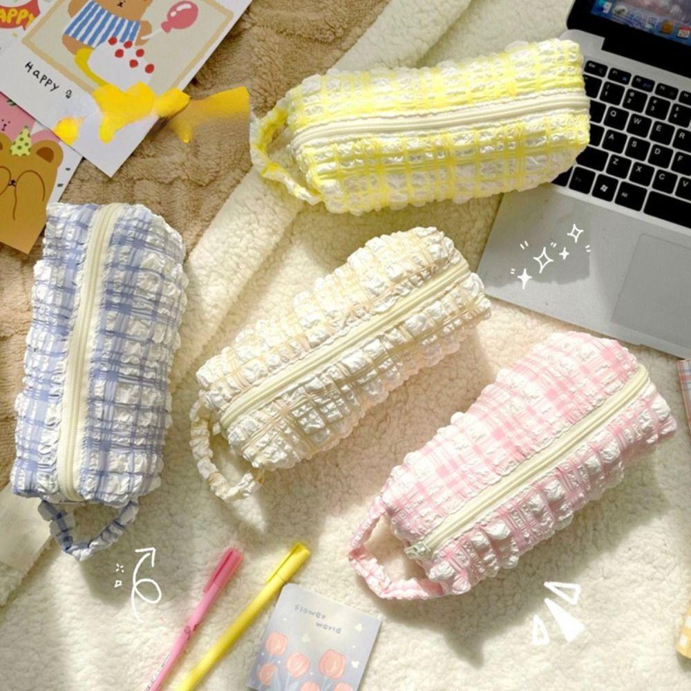 Túi Đựng Bút Mềm Mại Họa Tiết Sọc Caro Phong Cách Hàn Quốc